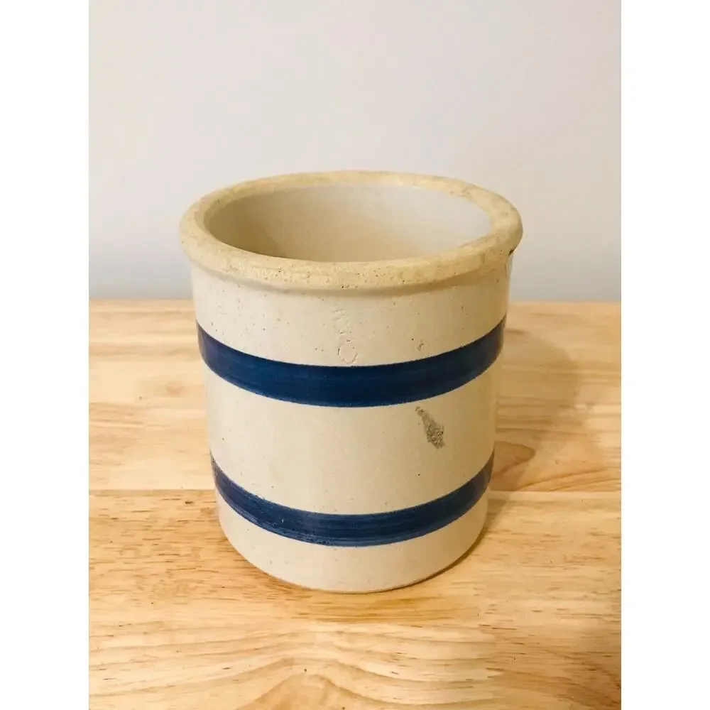 Vintage Blue Band Stoneware Crock Pottery Glazed Primitive Americana 1 Qt USA